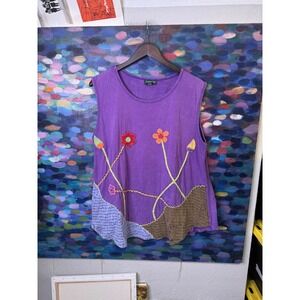 Kathmandu Imports Purple Boho Floral Applique Patchwork Cotton Tank Top ML